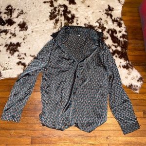 Green print button up shirt